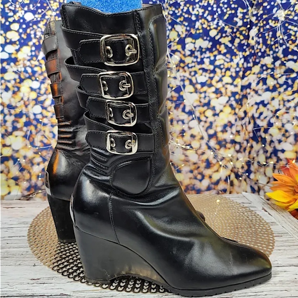 Women's Black Combat Moto Wedge Boots with Buckle Straps